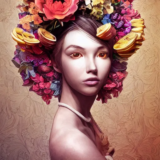 Image similar to the portrait of an absurdly beautiful, graceful, elegant young woman made of bananas and petals, an ultrafine detailed illustration by kim jung gi, irakli nadar, intricate linework, bright colors, octopath traveler, final fantasy, angular, unreal engine 5 highly rendered, global illumination, radiant light, detailed and intricate environment