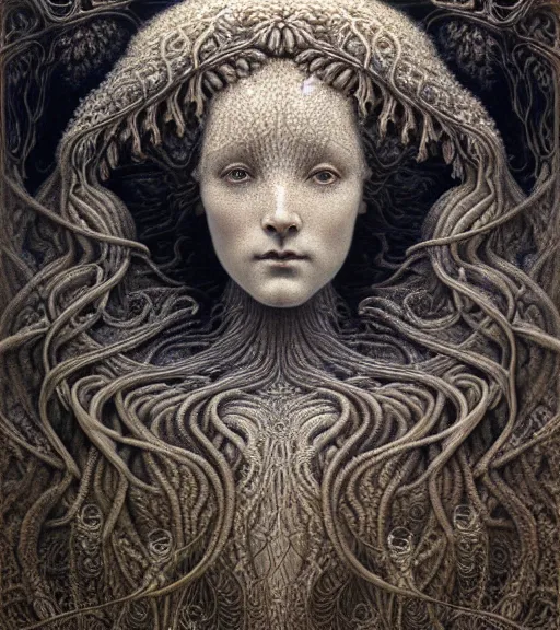 Image similar to detailed realistic beautiful frost goddess face portrait by jean delville, gustave dore, iris van herpen and marco mazzoni, art forms of nature by ernst haeckel, art nouveau, symbolist, visionary, gothic, neo - gothic, pre - raphaelite, fractal lace, intricate alien botanicals, ai biodiversity, surreality, hyperdetailed ultrasharp octane render