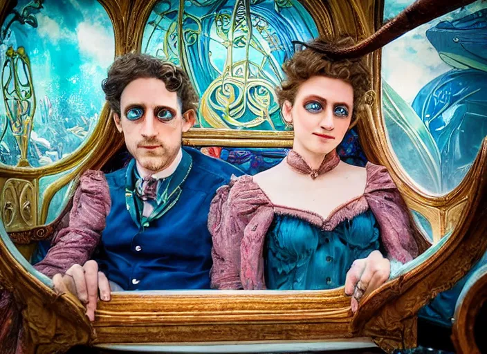 Image similar to incredibly beautiful breathtakingly detailed colour art nouveau photograph double portrait of an amazingly cool odd characterful couple sat down, in the inside of the beautiful underwater train to atlantis, full of crowds of people sat down wearing unusual clothes, each individual face amazingly detailed with lifelike expressions, ultra wide angle, 4 k