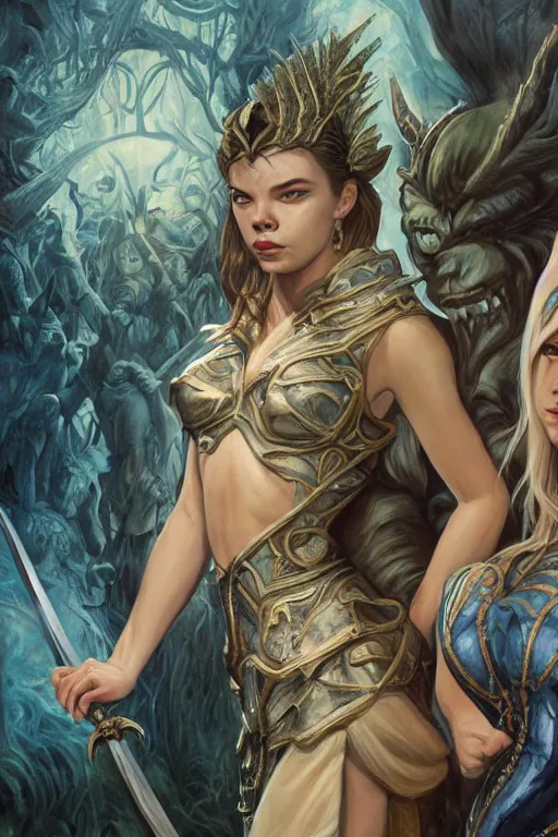 Prompt: A fantasy comic book style, portrait painting of hybrid Anya Taylor-Joy, and Cory Chase as a youthful Atlantean, Reptilian Warrior, Mystical Valkyrie, Modest light Armor, Sword, Sheild, Spear, François Boucher, Oil Painting, unreal 5, DAZ, hyper-realistic, Photorealistic, octane render, Regal, Refined, Coherent, Detailed Digital Art, RPG portrait, William-Adolphe Bouguereau, Michael Cheval, Walt Disney (1937), Steampunk, Hieronymus Bosch, Golden dappled dynamic lighting, Highly Detailed, Theophanic atmosphere, Cinematic Lighting, Unreal Engine, 8k, HD