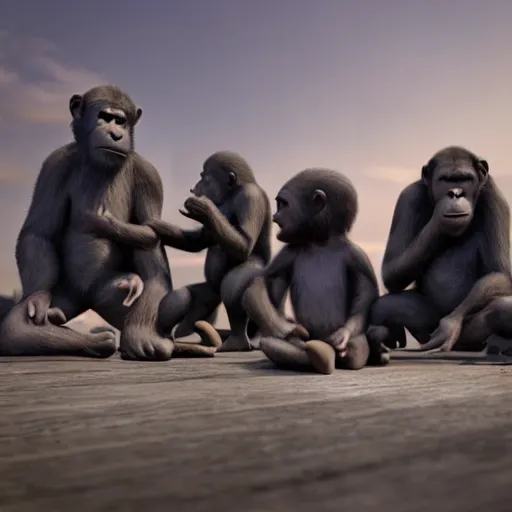 Image similar to apes sitting in a circle around a huge ice cream cone cinematic hdr realistic