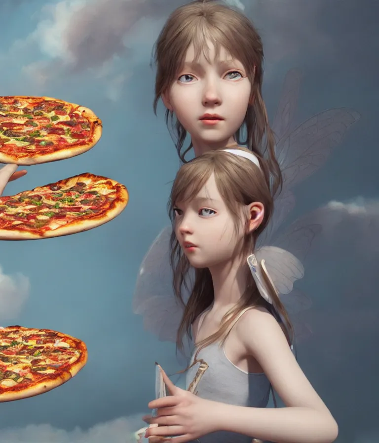 Image similar to a beautiful hyperrealistic detailed 3D render of a fairy girl with pizza instead of wings, by Anton Otto Fischer, Atey Ghailan, genzoman, unreal engine, octane render, gigantic, 3D, brilliantly coloured, intricate, ultra wide angle, trending on artstation, embers, smoke, dust, dusk, volumetric lighting, HDR, polished, micro details, ray tracing, 8k,