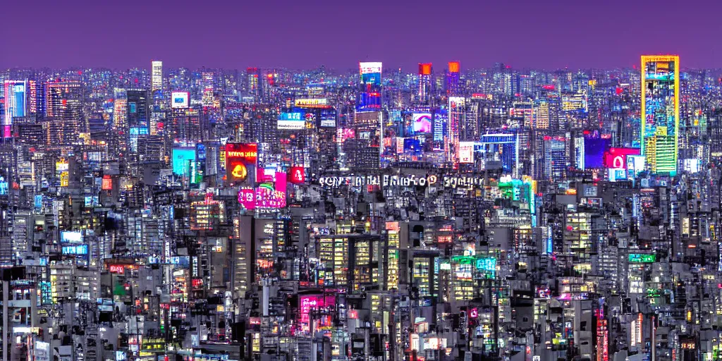 Prompt: tokyo japan cityscape view from a rooftop. closer buildings view, the city is full of bright, neon lights and towering skyscrapers, with a dark and gritty atmosphere, more significant buildings and signs on billboards like joker cards and brands, more neon lights purple and yellow, sharp, high res, acrylic painting