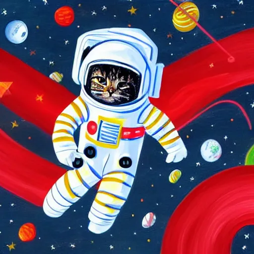 Prompt: painting of astronaut cat in space, candy canes in space, candy cane asteroid belt, candy canes flying in space, cat in astronaut suit in space