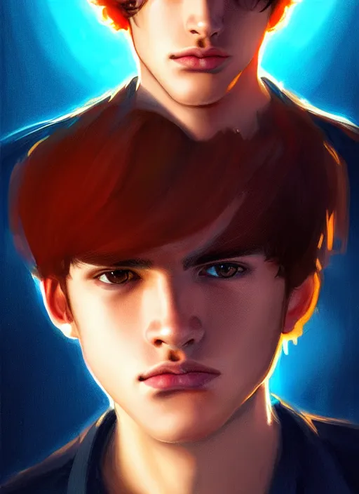 Image similar to portrait of teenage jason blossom, cleft chin, bangs, rich boy, mischievous expression, evil smirk, bangs and wavy hair, bangs, intricate, elegant, glowing lights, highly detailed, digital painting, artstation, concept art, smooth, sharp focus, illustration, art by wlop, mars ravelo and greg rutkowski
