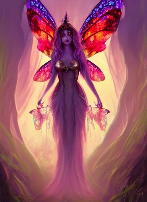 Image similar to stunningly beautiful female faerie priestess in amanita muscaria forest landscape, symmetrical wings on back, neon hair, fantasy art, wearing a dress of gossamer gold, inner glow, dark light night, face by otto schmidt, sharp focus, digital painting, 4 k, concept art, art by greg rutkowski and alphonse mucha, brom,