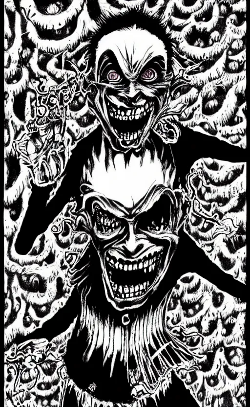 Image similar to full body portrait of villainous jester, dark, twisted, manga, comic, by junji ito. twisted. horror.