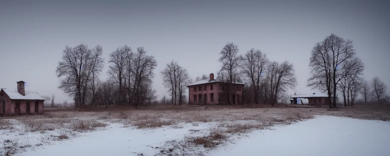 Prompt: landscape, soviet farmhouse, abandoned, lifeless, winter, atmospheric, mystical, very detailed 4 k