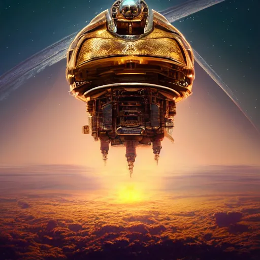 Prompt: colossal dream bot mothership in the shape of a brain in outer space, golden heart, golden hour, intricate details, sharp focus, digital art, hyper realistic, 4 k, unreal engine, highly detailed, hd, dramatic lighting by brom, trending on artstation