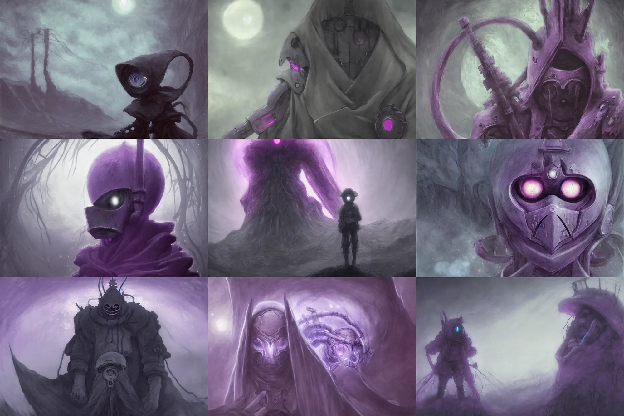 Prompt: gloomy eerie photo of bondrewd the lord of dawn, from the anime made in abyss. bondrewd character wearing mask with purple glowing line, made in abyss fanart, zdislaw beksinski, creepy, horror, beautiful painting by claude monet 8 k