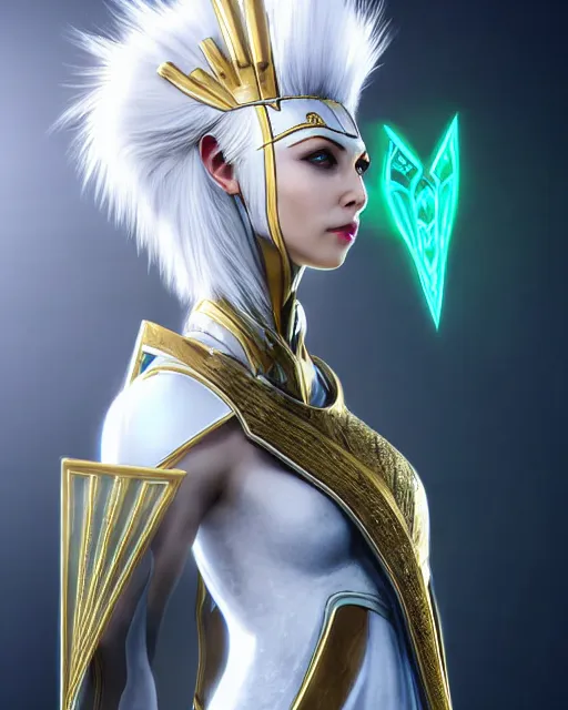 Image similar to perfect white haired attractive egyptian goddess, warframe armor, pharaoh headdress, beautiful, symmetric, dreamy, half asian, pretty face, green eyes, charlize theron, detailed, scifi platform, laboratory, experiment, 4 k, ultra realistic, epic lighting, android body, illuminated, cinematic, masterpiece, art by akihito tsukushi, voidstar