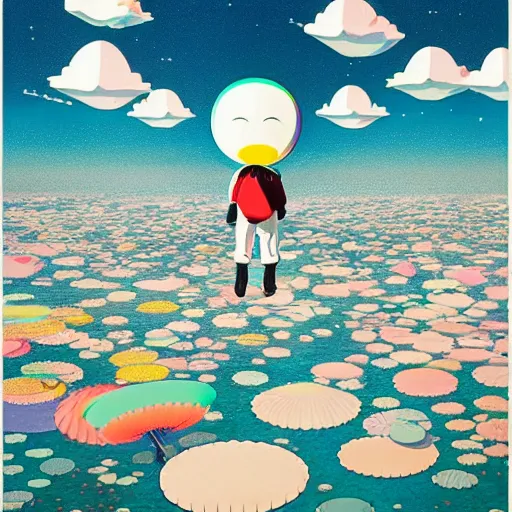 Image similar to a man walking on clouds away from the camera above kyoto by takashi murakami, beeple and james jean, aya takano color style, 4 k, super detailed, modern, 4 k, symmetrical