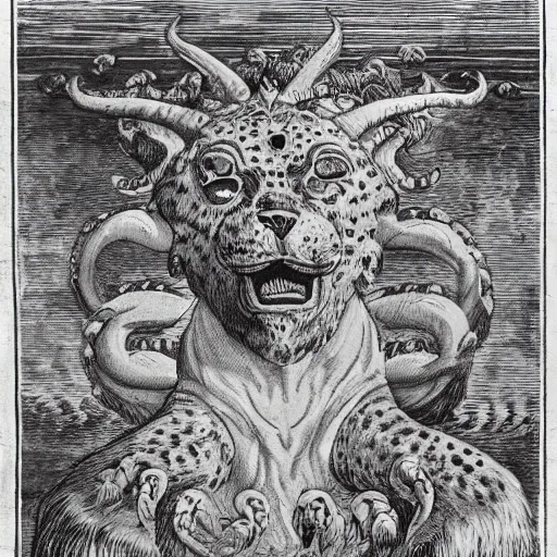 Prompt: a beast coming out of the sea. it had ten horns and seven heads, with ten crowns on its horns, resembled a leopard, but had feet like those of a bear and a mouth like that of a lion. one of the heads of the beast seemed to have had a fatal wound, but the fatal wound had been healed