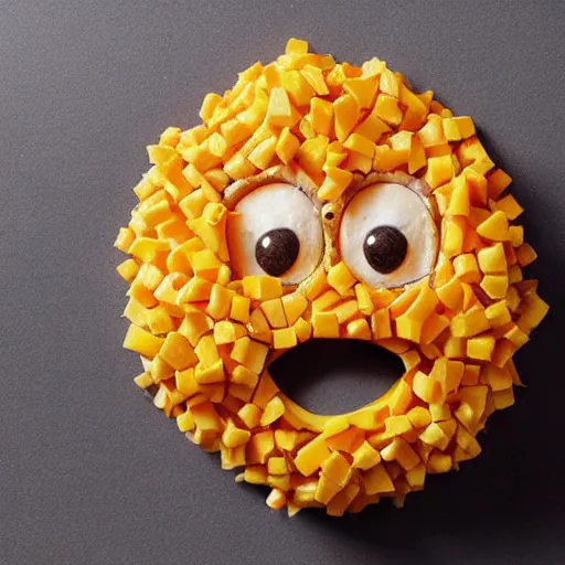 Prompt: a cheese ball with a face photo realism