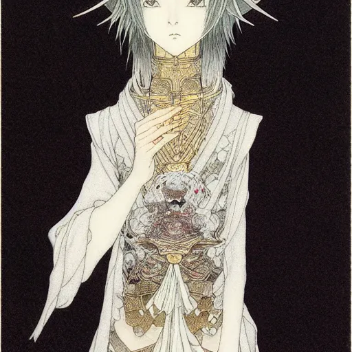 Prompt: prompt: Fragile looking vessel portrait soft light drawn by Takato Yamamoto, inspired by Fables, ancient dark chrome knight armor, magical and alchemical objects on the side, soft light, white background, intricate detail, intricate oil painting detail, sharp high detail, manga and anime 2000