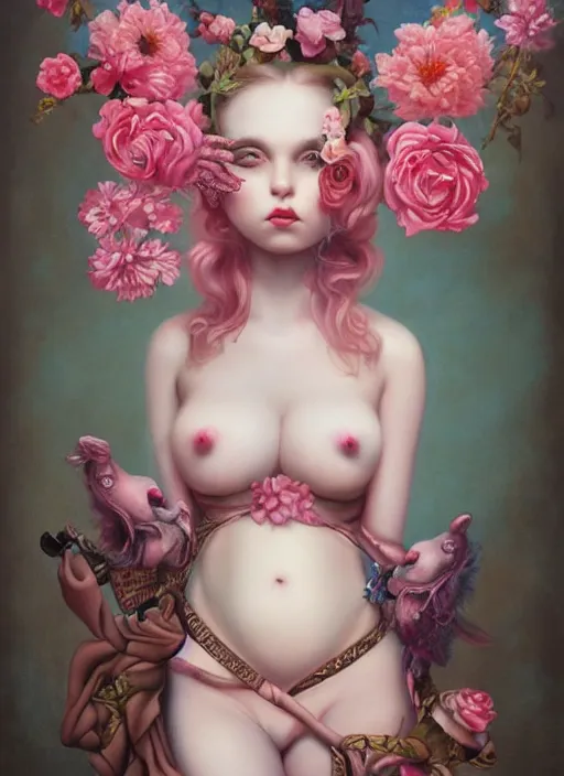 Prompt: pop surrealism, lowbrow art, realistic seductive cute woman looking painting, pink body harness, japanese shibari with blue flowers, hyper realism, muted colours, rococo, natalie shau, loreta lux, tom bagshaw, mark ryden, trevor brown style,