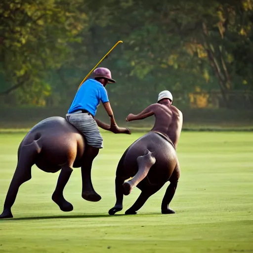 Prompt: polo played with humans and hippopotamuses. sports photograph.