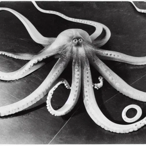 Prompt: vintage photograph of an octopus playing blues guitar with its tentacles