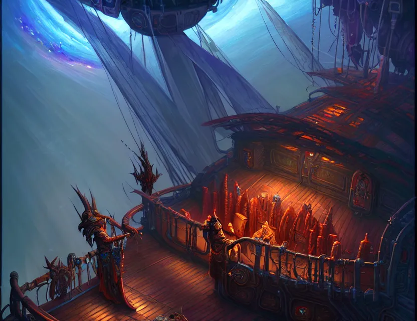 Prompt: standing upon the deck of the flying spelljammer ship, d & d planescape fantasy art, artstation contest winner, beautiful digital painting in the style of dan mumford, art by kev chan, volumetric lighting, concept art, speedpainting, fantasypunk, deep colors, cgsociety, by gerald brom