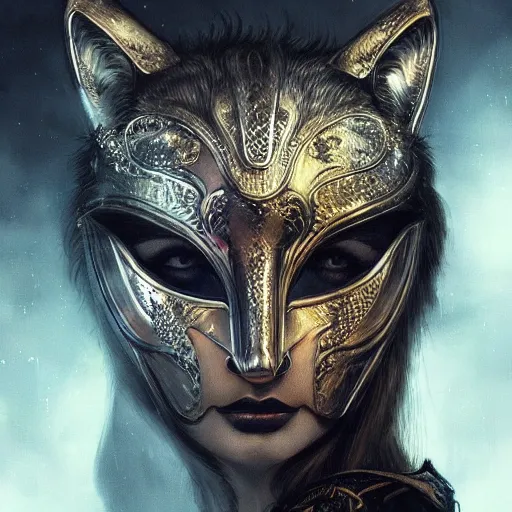 Image similar to Very very very very highly detailed epic photo of face with wolf venetian mask, intricate, dystopian, sci-fi, extremely detailed, digital painting, artstation, concept art, smooth, sharp focus, illustration, intimidating lighting, incredible art by Artgerm and Brom and Vincent di Fate