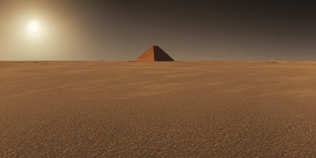 Image similar to a wide desertic landscape with ancient egyptian temple buried in the sun. under a white sky with black stars. a monstrous sphynx between the dunes on gje horizon. photorealistic. artstation. hd.