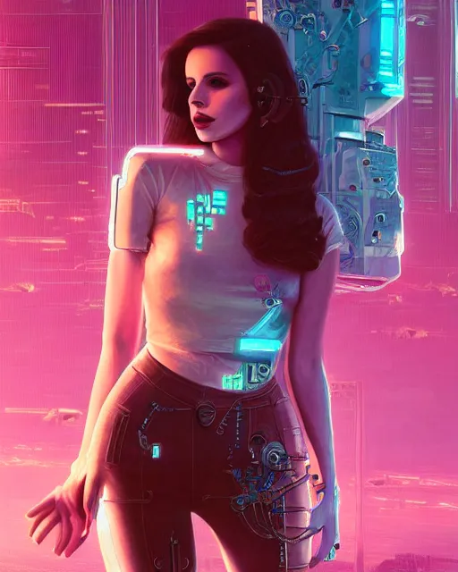 Image similar to portrait of lana del rey as a cyberpunk cyborg. roses, sci - fi, missing panels, intricate abstract, upper body, intricate artwork, by tooth wu, wlop, beeple, dan mumford. concept art, 8 k octane render, deviantart, greg rutkowski, cinematic, key art, hyperrealism, iridescent accents