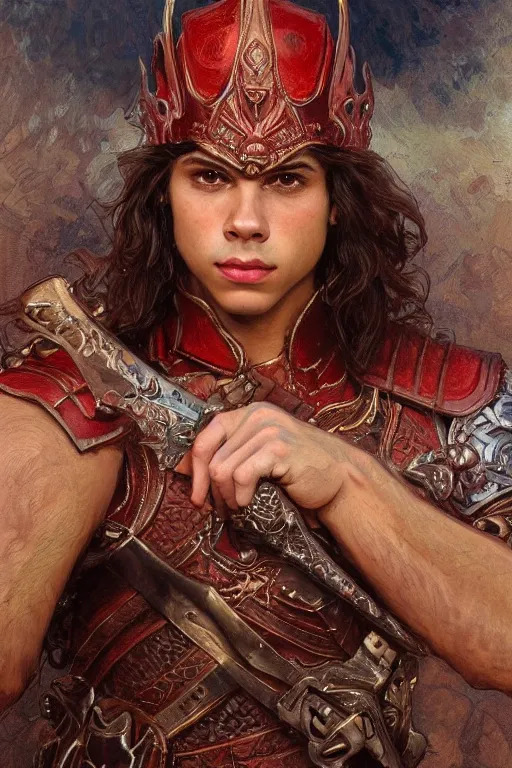 Prompt: painted close up portrait of jake t. austin, beautiful, dangerous, stoic, red leather armor, fantasy, intricate, elegant, highly detailed, digital painting, artstation, concept art, smooth, sharp focus, illustration, art by gaston bussiere and alphonse mucha