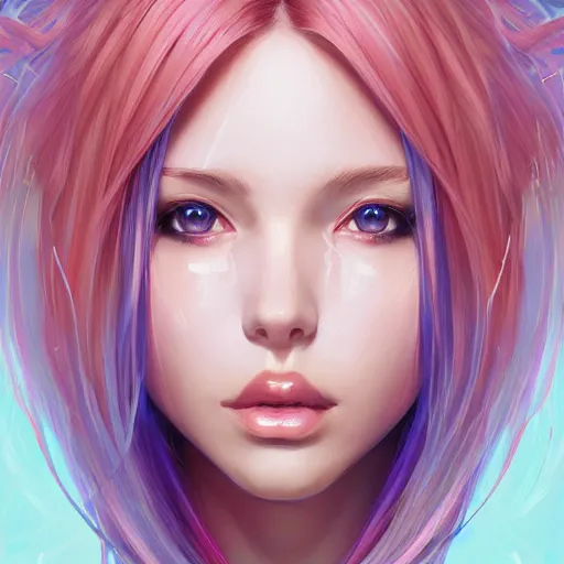 Image similar to portrait of beautiful symmetrical anime girl, rainbow hair, attractive, casual, modern, victoria's secret, highly detailed, digital painting, artstation, concept art, smooth, sharp focus, illustration, art by artgerm, greg rutkowski and alphonse mucha, 8 k,