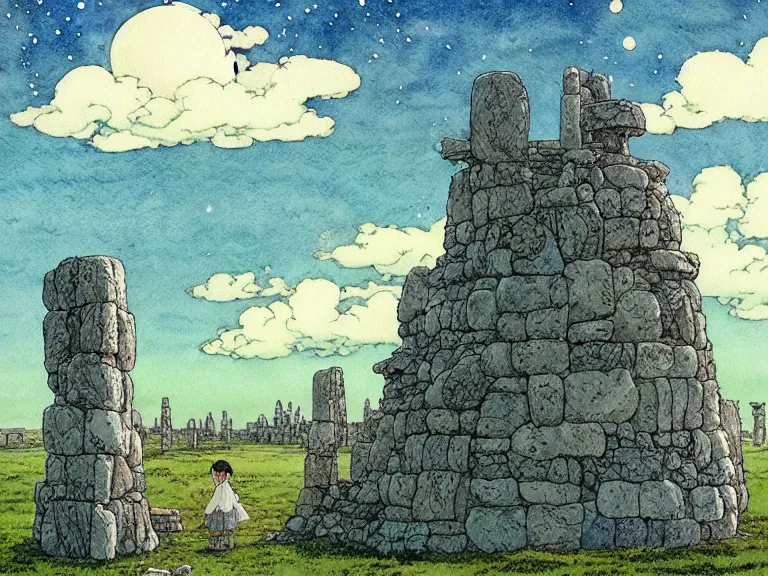 Prompt: hyperrealist studio ghibli watercolor fantasy concept art of an immense earthship solar home sitting on stonehenge like a stool. it is a misty starry night. by rebecca guay, michael kaluta, charles vess