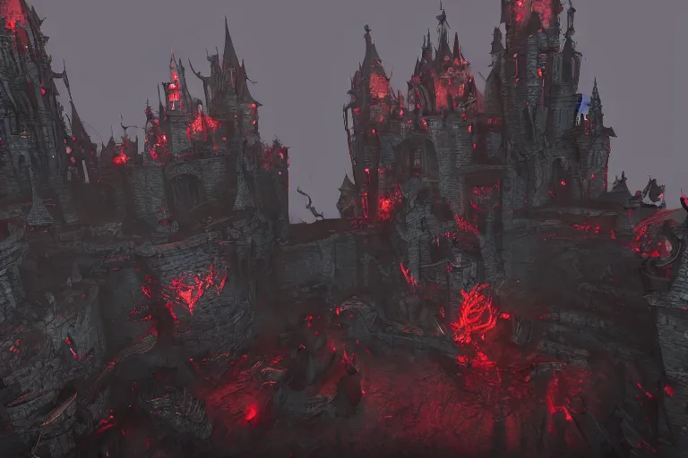Prompt: big evil castle - city rock dark shadow elves, dark fantasy, shadows, artstation trending, unreal engine 5, red