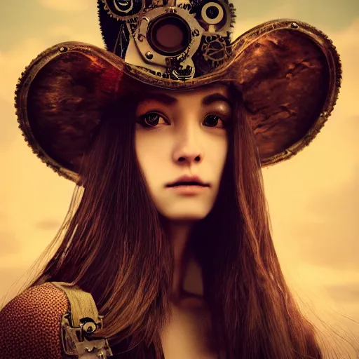 Prompt: a portrait of a beautiful steampunk woman by zhang jingna, long hair, aged 2 5, swedish, wearing a travel hat, photo realistic, real life, photograph, 3 5 mm, octane render, trending on artstation