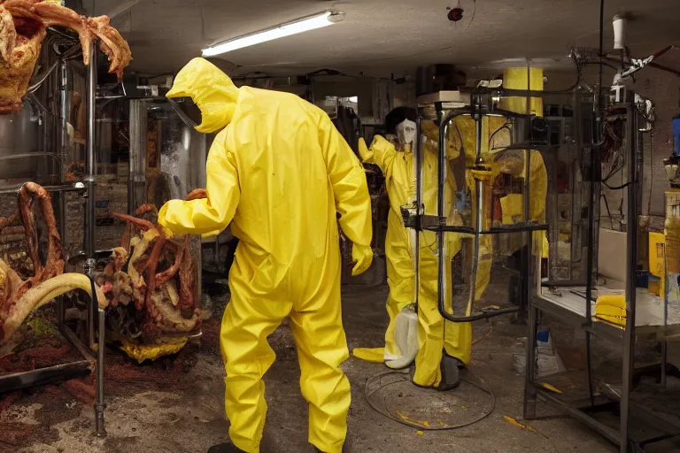 Prompt: a man in a yellow hazmat suit looks on helplessly as an meat monster grows out of control in a creepy basement lab, science equipment