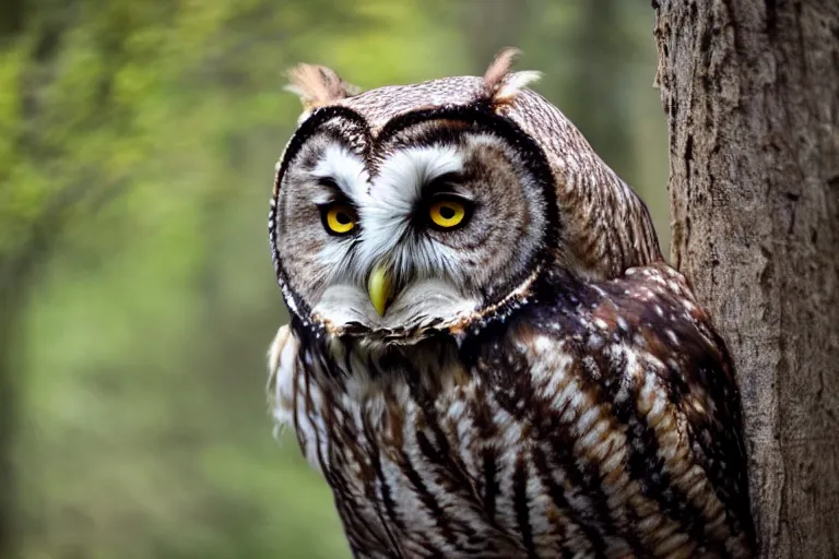 Image similar to wildlife photography of an Owl-bear by Emmanuel Lubezki