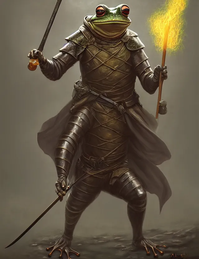 Prompt: anthropomorphic bipedal frog that is dressed as a medieval fighter, and wielding a club weapon, as a matte oil painting and d & d character art, by alex grey, standing, fullbody, floating bubbles, fog, mystic, concept art, award - winning, extremely detailed, sharp focus