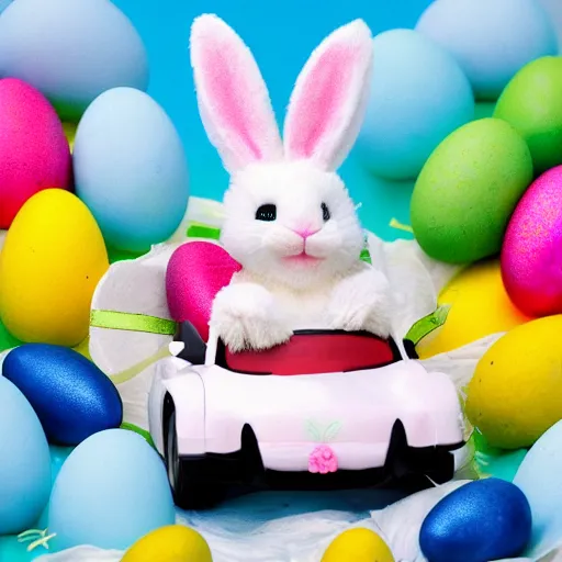 Image similar to easter bunny riding a convertible, studio photo, high quality