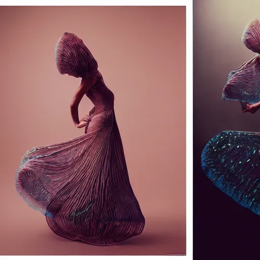 Image similar to Fashion photography of a woman wearing a dress inspired by a jellyfish, artistic photography, insanely detailed, chiaroscuro, cinestill 800t, Vogue magazine
