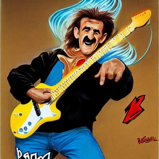 Image similar to Barry Chuckle Shredding on an electric guitar in the style of Jason Edmiston