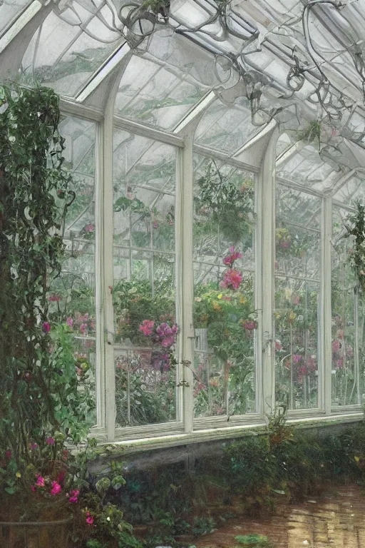 Prompt: a beautiful painting of a greenhouse, beside the window, rainy, gloomy and depressed, dark, low saturation, rococo, by krenz cushart and mucha and monet, trending on artstation.