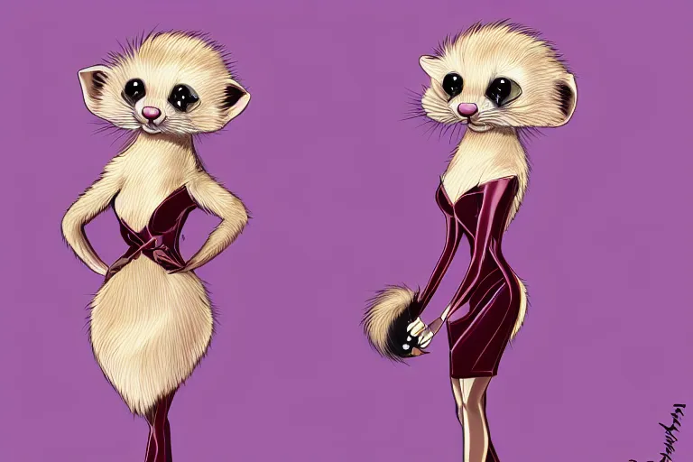 Prompt: detailed illustration : ferret character : wearing diamonds : wearing a stravagant fur dress : wearing stiletto : head torso legs feet : behance artstation : floor