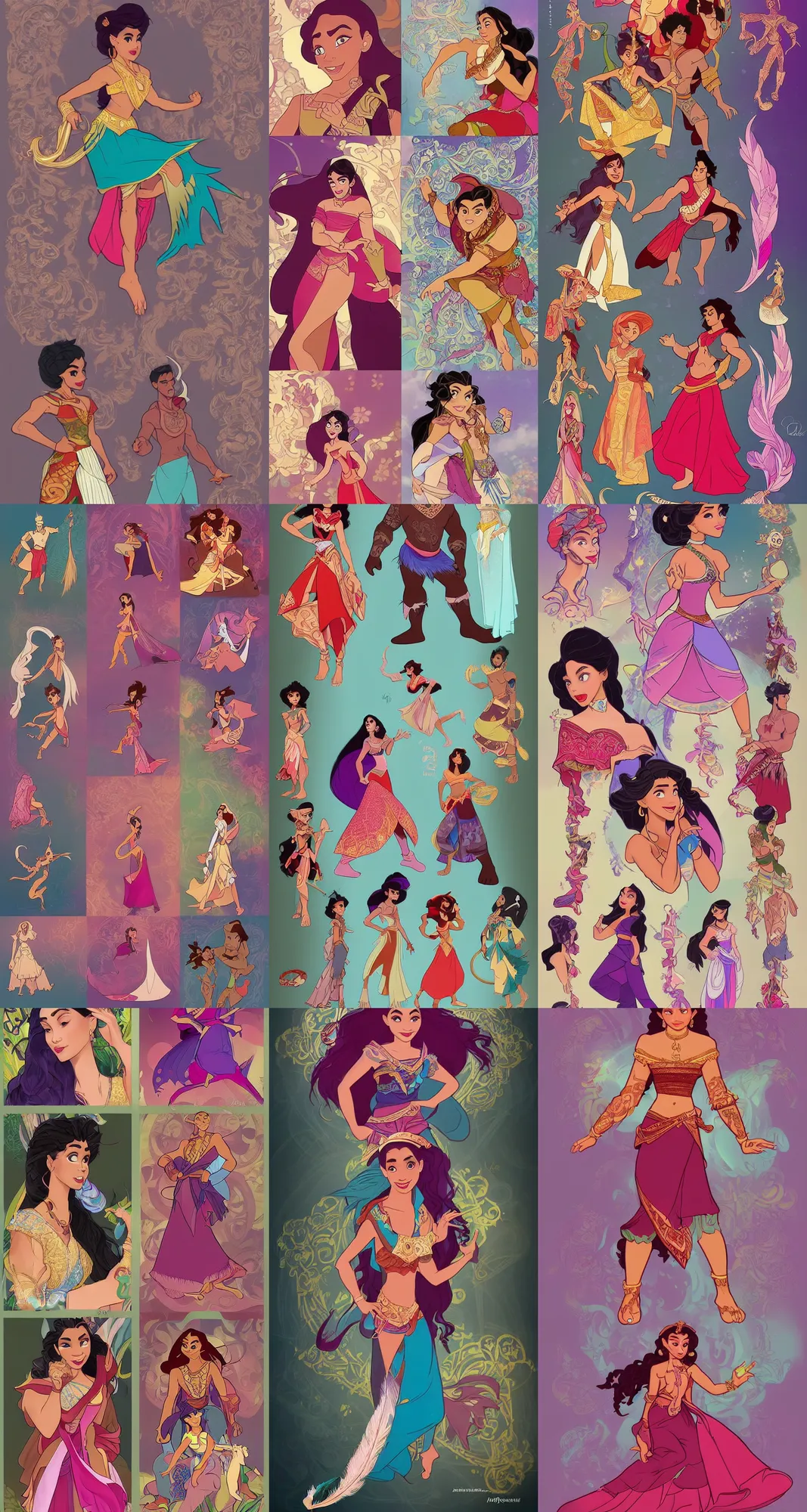 Prompt: Character concept fashion spot illustrations of Disney's Raya and the Last Dragon and Moana and Aladdin crossover, colorful, full-body, bloom, dynamic poses, diaphanous cloth, intricate crystalline and feather jewelry, ornate, filigree, arcane, cinematic lighting, by Artgerm, by Alphonse Mucha, by Bouguereau, by Sakimichan, fantasy, portfolio illustration, highly detailed, trending on Artstation, CGsociety, HQ, 8k, 35mm lens, f2.8, Bokeh,