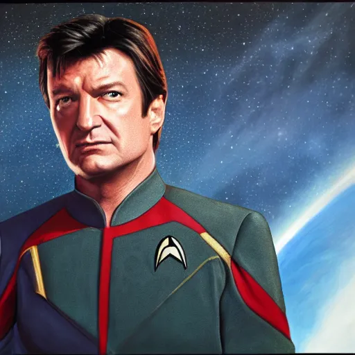 Image similar to A portrait of Nathan Fillion in a starfleet uniform, on the set of Star Trek Voyager, highly detailed photorealistic, unreal 5, hugh definition, 8k, deviantart, donato giancola, oil painting