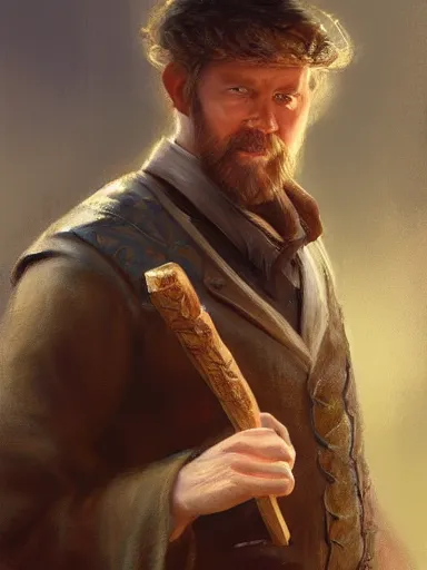 Image similar to a handsome man, holding a adorned cane. walking in a rural area. intricate, elegant, highly detailed, digital painting, artstation, concept art, sharp focus, illustration, by justin gerard and artgerm, 8 k