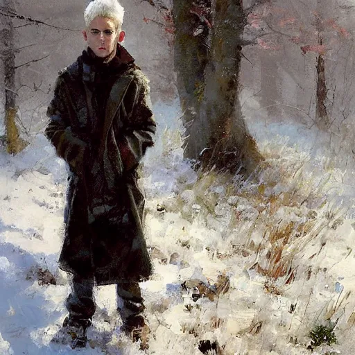 Prompt: a 14 year old teenage boy with white hair and green eyes. White breath showing in the cold air. He is shivering from the cold. Repin. By Craig Mullins