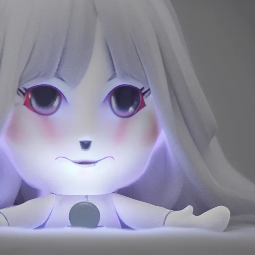 Image similar to cute fumo plush of a girl who summoned an imaginary friend using an ouija board, ghost, outline glow, vray