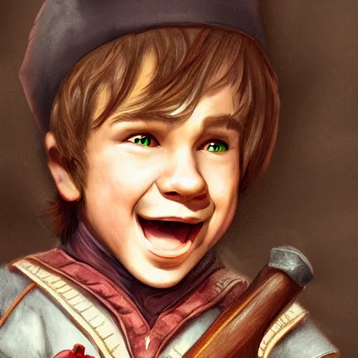 Image similar to hyper realistic portrait of a halfling male, happy, bard, singing, short hair, lute, intricate details, cinematic