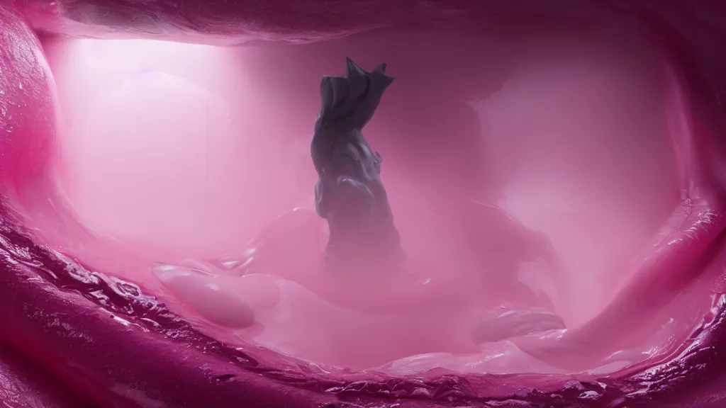 Image similar to a creature silhouette in a large vat of pink liquid, photorealistic, octane render 8 k uhd