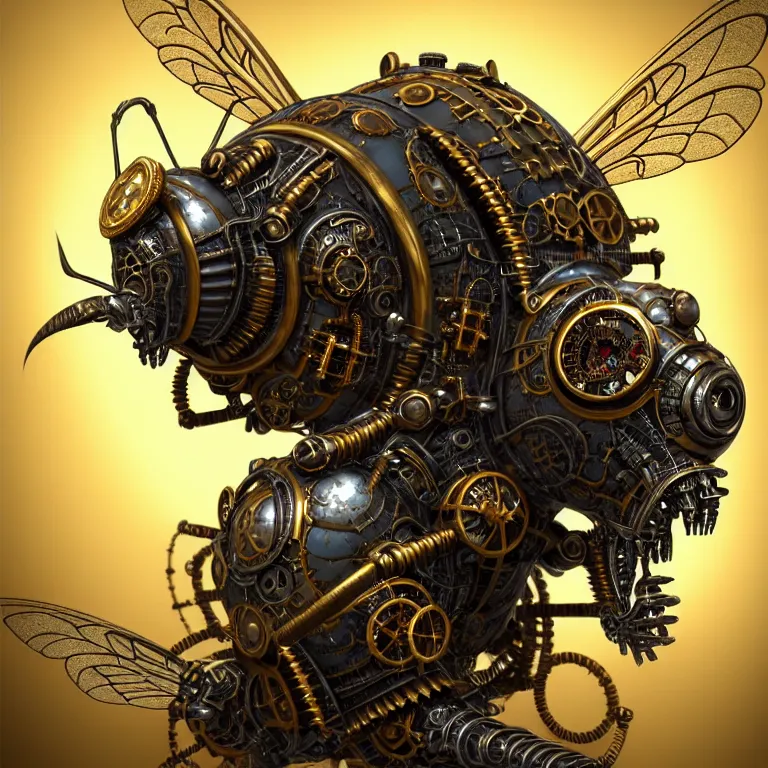 Image similar to steampunk cybernetic biomechanical bee with wings, 3 d model, very coherent symmetrical artwork, unreal engine realistic render, 8 k, micro detail, intricate, elegant, highly detailed, centered, digital painting, artstation, smooth, sharp focus, illustration, artgerm, tomasz alen kopera, wlop