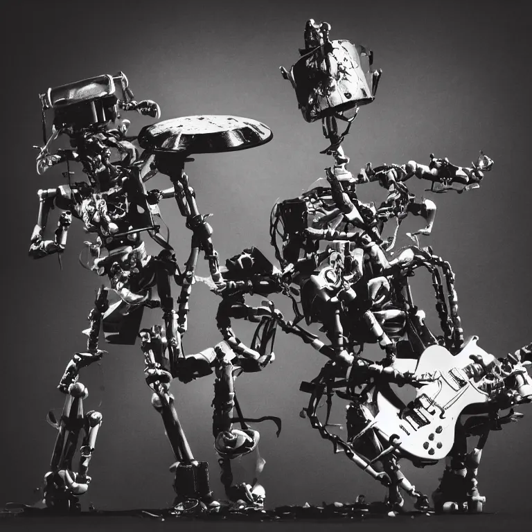 Prompt: a beautiful electronic concert photo shot of a couple of threea toys figurines by ashley wood, world war one robot octopus playing drums and fender telecaster guitar, black background, concert light, dark mood