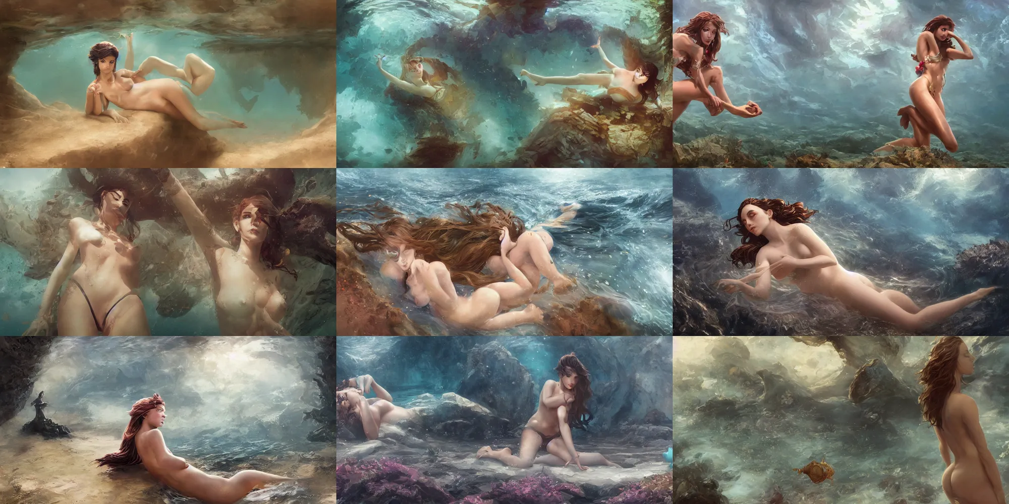 Prompt: a wide shot, lonely underwater aphrodite, seductive and powerful, digital art, by greg rutkowski, artgerm, loish, david silis, mike dargas, outdoors, complementing colors, trending on artstation, realistic, hd, 4 k, deviantart, tele photo lens, sigma 5 0 0 mm f / 5