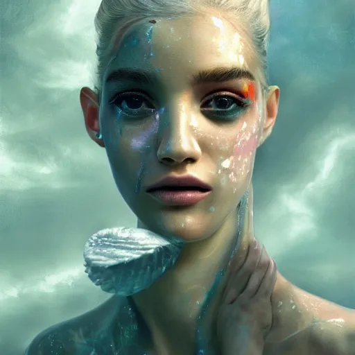 Prompt: 3 d, sci - fi, close - up, blonde fashion model with pigment condition vitiligo, cinematic, clouds, steam, snakes baground, vogue cover style, poster art, bright mood, realistic painting, intricate oil painting, high detail illustration, figurative art, multiple exposure, poster art, by tooth wu and wlop and beeple and greg rutkowski